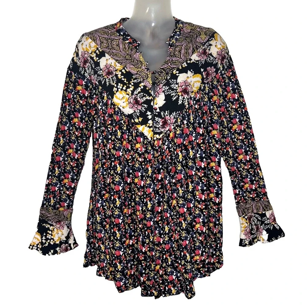 Free People Wildflower Fields Floral Tunic Blouse Womens Medium Boho